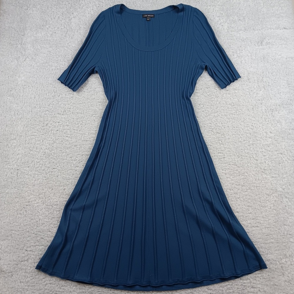 Lane Bryant Sweater Dress Women 14/16‎ Teal Blue Ribbed Fit Flare Short Sleeve